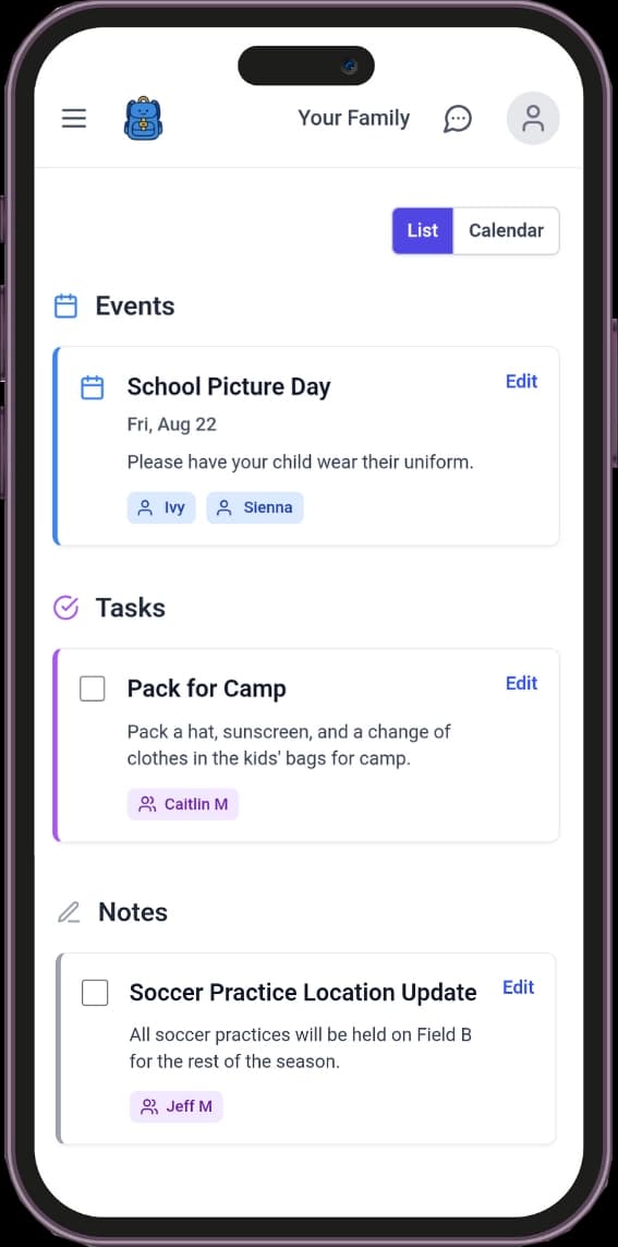 Backpack Brief app showing an organized list of school events.